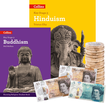Collins Key Stage 3 Buddhism and Hinduism books with UK banknotes and coins, sell them with WeBuyBooks
