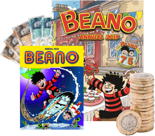 Beano Annual 2013 and 2018 covers with Dennis the Menace, plus UK banknotes and £1 coins