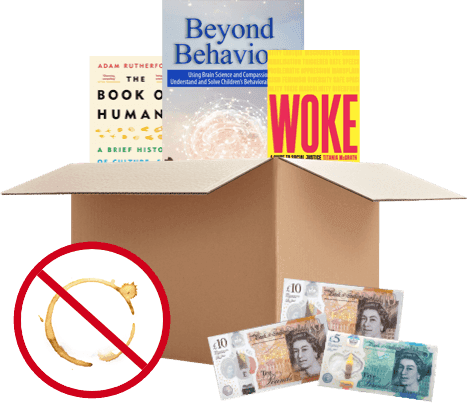 Box of social sciences books including Beyond Behaviour and WOKE, with UK banknotes and a no-coffee-stains symbol