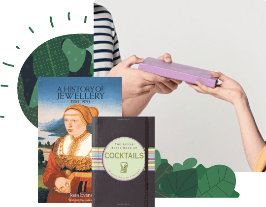 Hands passing a wrapped book, with covers for A History of Jewellery and The Little Black Book of Cocktails