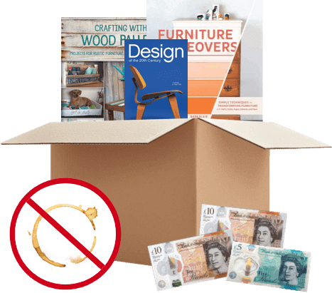 Box of furniture books including Design and Furniture Makeovers, with UK banknotes and a no-catches symbol