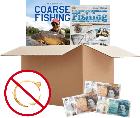 Box with fishing books and UK cash, no-coffee-stain icon, showing WeBuyBooks pays cash for used fishing books