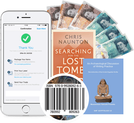 Phone showing trade confirmation, cash, Egyptology books and a barcode, illustrating WeBuyBooks' quick payment process