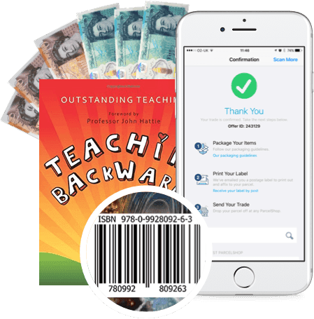 Fanned UK banknotes, book Teaching Backwards with barcode, and phone showing trade confirmation screen