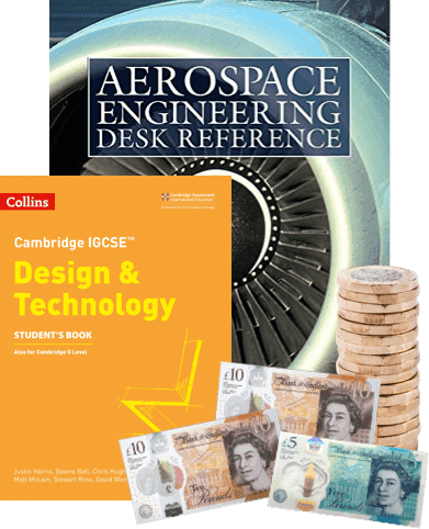 Aerospace Engineering Desk Reference and Collins IGCSE Design and Technology books beside UK pound coins and notes