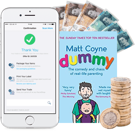 Phone showing trade confirmation, UK banknotes and coins, and Matt Coyne's parenting book Dummy