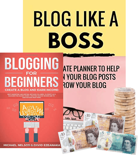 Books 'Blog Like a Boss' and 'Blogging for Beginners' beside UK banknotes and coins