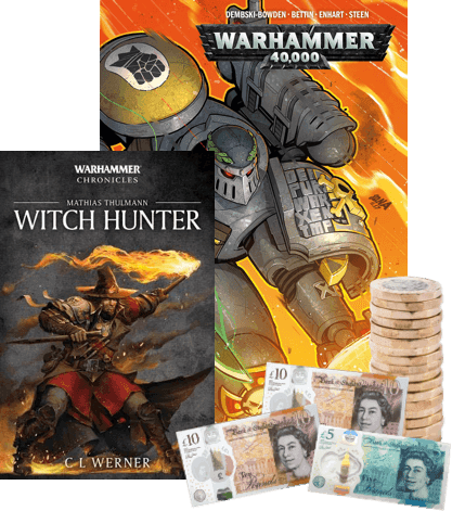 Warhammer 40,000 and Witch Hunter book covers beside UK banknotes and coins, showing cash paid when you sell Warhammer books