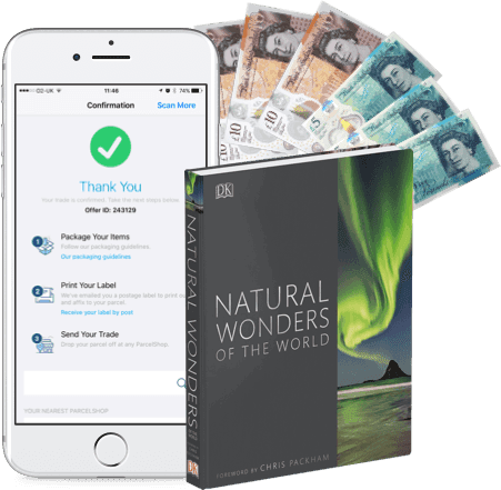 Phone showing trade confirmation, cash and a Natural Wonders of the World book, illustrating selling books for money