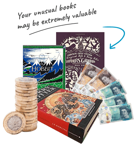 The Hobbit, a Grimm fairy tales edition and Harry Potter book beside stacked coins and UK banknotes