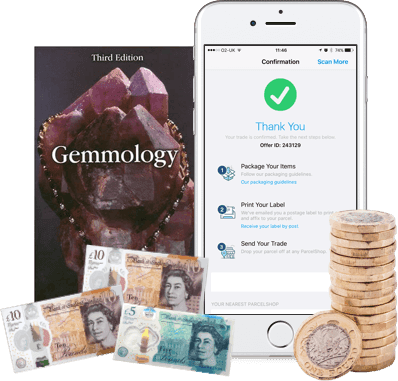Gemmology book, phone confirming a trade with WeBuyBooks, UK banknotes and £1 coins