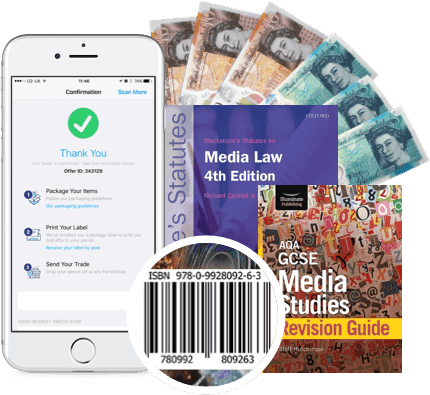 Phone showing trade confirmation, cash, media law and GCSE media studies books, and an ISBN barcode