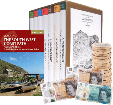 Wainwright fell guides, Paddy Dillon's South West Coast Path book, plus £10 and £5 notes and £1 coins to pay for hiking books