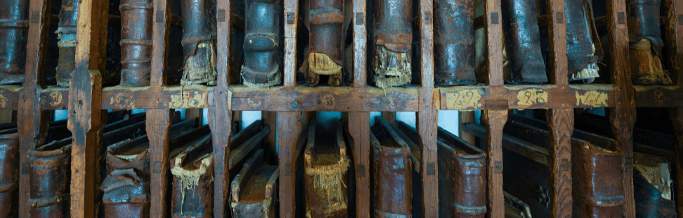 Very old wooden book shelf containing old tattered leather-bound books.png
