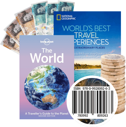Travel guides, banknotes, coins and a barcode, illustrating cash paid for used travel guides at WeBuyBooks