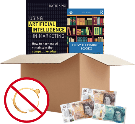 Box with marketing books 'Using Artificial Intelligence in Marketing' and 'How to Market Books', UK banknotes, no coffee