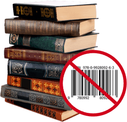 Stack of books with a no-barcode symbol, showing WeBuyBooks accepts books without an ISBN