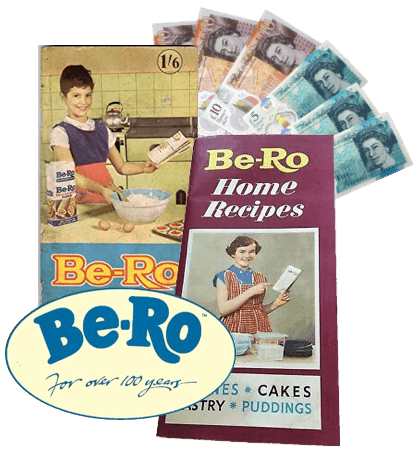 Two Be-Ro Home Recipes cookbooks with UK banknotes, illustrating exchanging them for cash