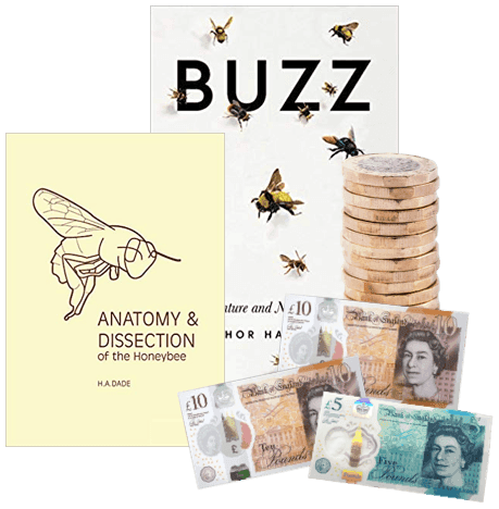 Books 'Buzz' and 'Anatomy and Dissection of the Honeybee' beside UK banknotes and pound coins, showing cash paid for