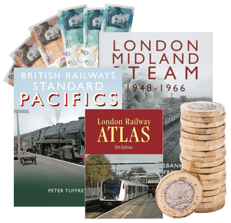 Train books, UK banknotes and pound coins, including London Midland Steam and British Railways Standard Pacifics titles
