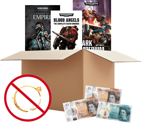 Box of Warhammer books with UK banknotes shown for payment, and a no-coffee-stains symbol indicating acceptable condition