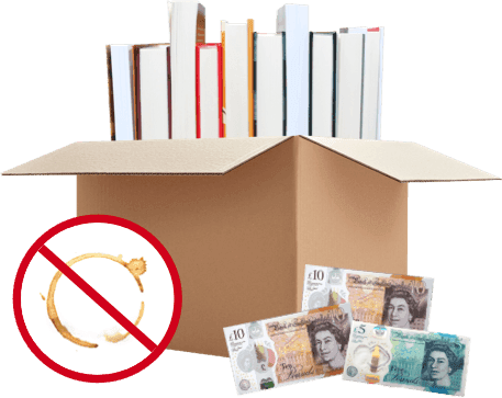 Box of books in good condition with UK banknotes, and a no-coffee-stain symbol showing acceptable book condition