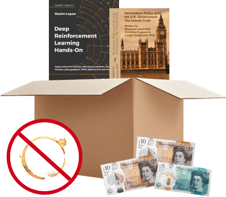 Open cardboard box with two books and UK banknotes; a crossed-out coffee stain shows books must be undamaged