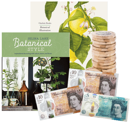 Botanical Style and Botanical Illustration books beside £10, £5 notes and stacked £1 coins