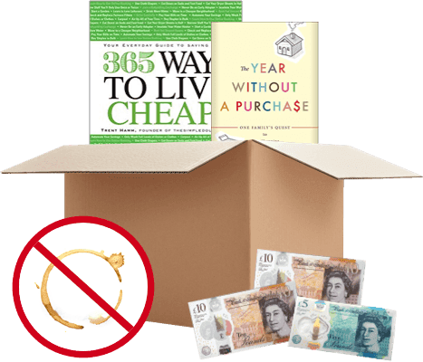 Box with money saving books, a no-coffee-stain icon, and UK £10 and £5 notes representing cash for your used books