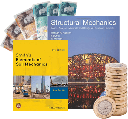 Structural Mechanics and Smith's Elements of Soil Mechanics textbooks with £1 coins and banknotes