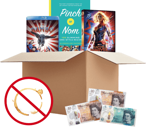 Box with Dumbo, Pinch of Nom and Captain Marvel, UK banknotes, and a no-stains symbol showing accepted condition