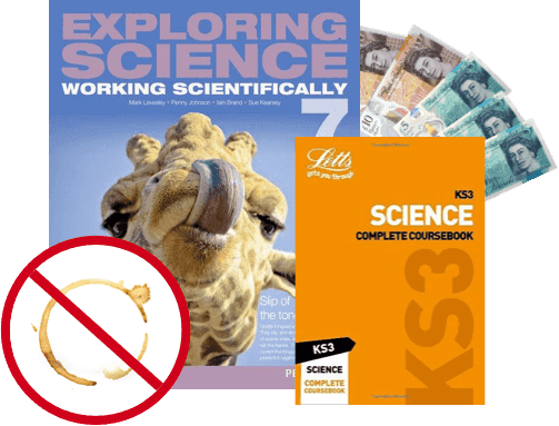 Exploring Science 7 and KS3 Science coursebooks beside cash, with a no-stain symbol showing avoid coffee rings