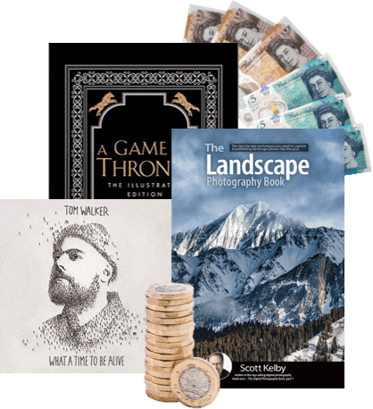 Game of Thrones book, Landscape Photography Book, Tom Walker CD, UK banknotes and coins you can get by selling with