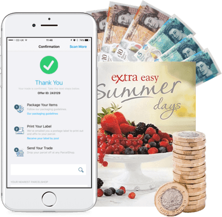 Phone showing trade confirmation and steps, with UK banknotes, coins and a summer berries magazine cover