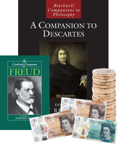 Philosophy books on Descartes and Freud beside UK pound coins and banknotes, cash for your used titles