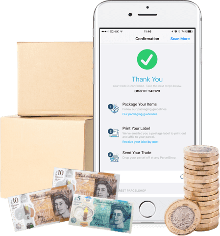 Phone showing trade confirmation and Thank You message, with boxes, GBP notes and coins representing quick payment