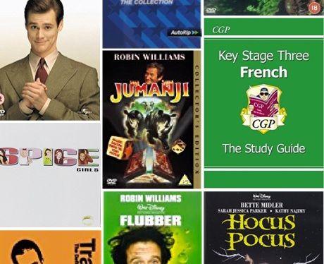 DVD covers including Jumanji, Flubber, Hocus Pocus and a Spice Girls album ready to sell