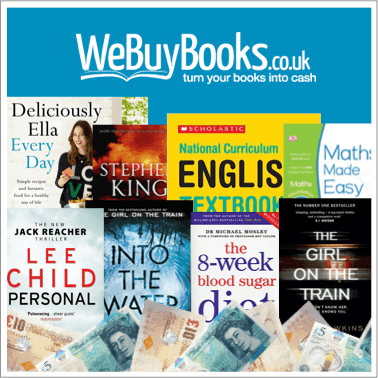 WeBuyBooks logo above books like Personal, Into the Water and The Girl on the Train on banknotes