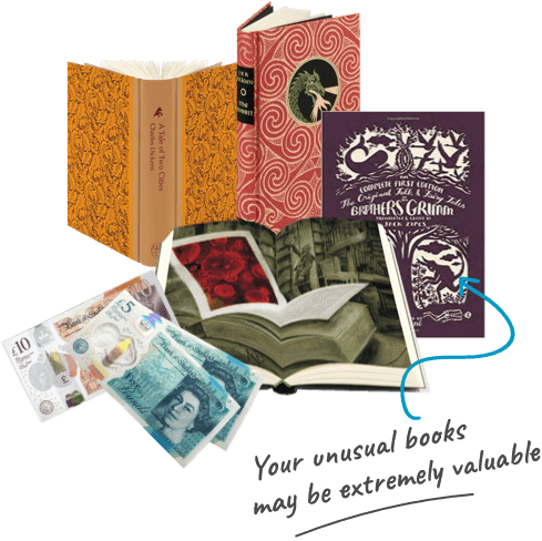 Books with UK banknotes; text reads 'Your unusual books may be extremely valuable