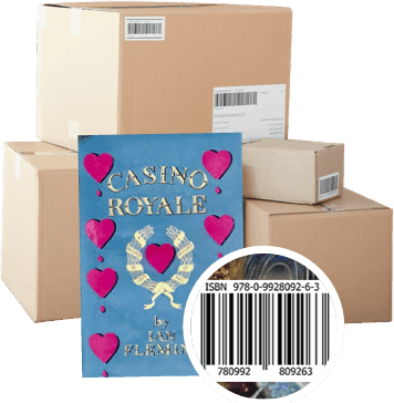 Casino Royale book with ISBN barcode in front of parcels ready to be sent to WeBuyBooks