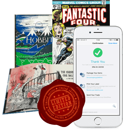 The Hobbit, a comic and other books beside a phone showing WeBuyBooks trade confirmation, with a limited edition seal