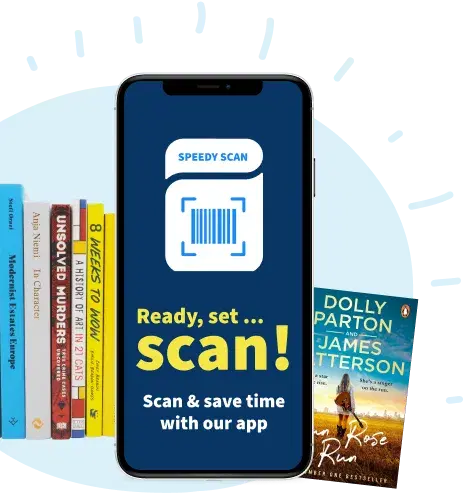 Phone with Speedy Scan app beside books, reading Ready, set, scan - scan and save time with our app