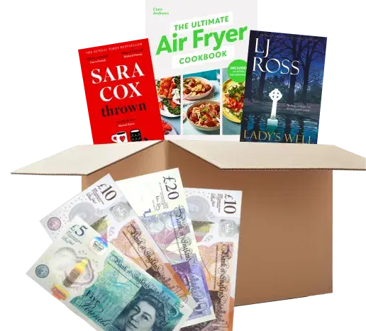 Cardboard box with books including Sara Cox, an air fryer cookbook and Lady's Well, plus UK banknotes for cash payment