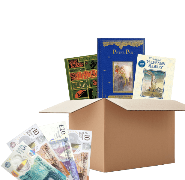 Box with The Jungle Book, Peter Pan and The Velveteen Rabbit beside UK banknotes, showing cash paid for antique books