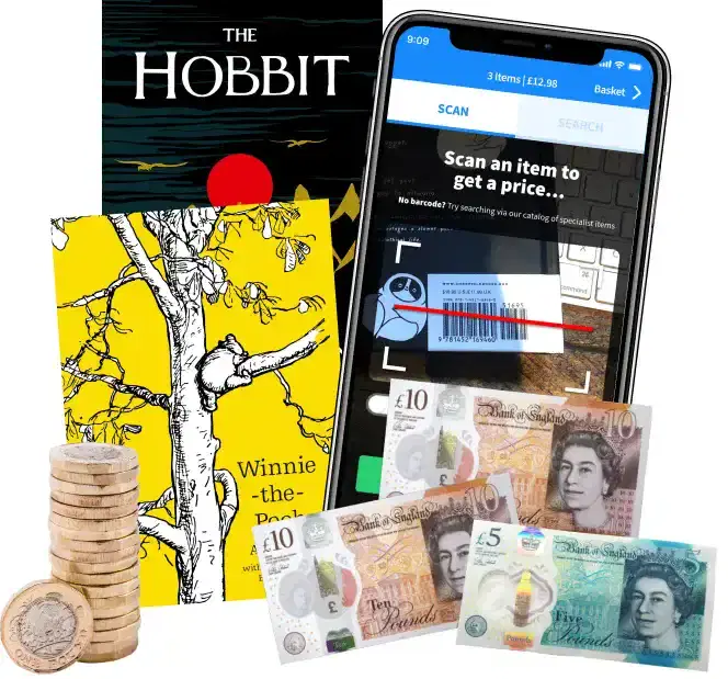 The Hobbit and Winnie-the-Pooh books beside a pound coin stack, banknotes and a phone scanning app showing a price