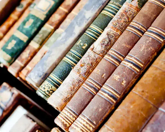 Row of antique leather-bound book spines with gold tooling, some marked Vol. 1 and Vol. 2