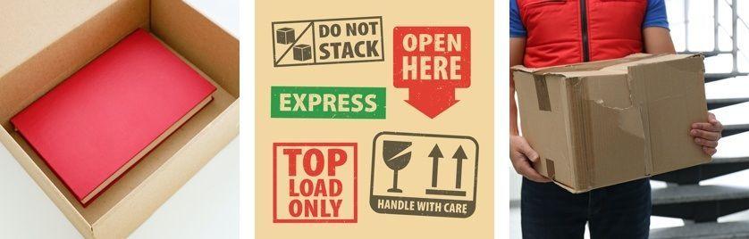 Three packaging mistakes: a single book loose in an oversized box, a box covered in old 'handle with care' and 'do not stack' shipping labels, and a courier carrying a crushed, worn-out box