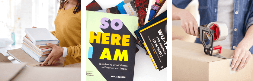Three examples of good packaging: a neat stack of books placed into a box, books packed closely together, and a box being sealed with packing tape