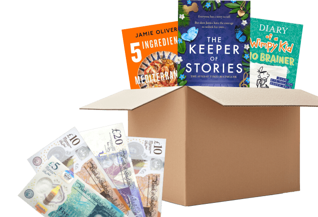 Cardboard box with books like Diary of a Wimpy Kid and cash, showing payment for books sold in bulk
