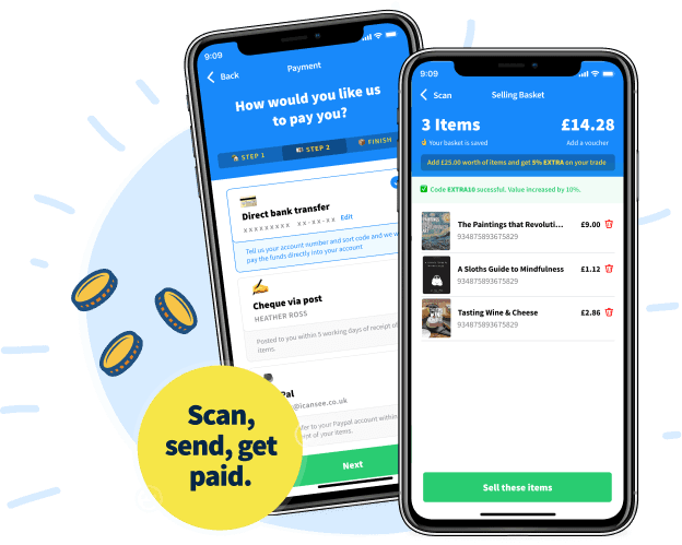 WeBuyBooks app screens: selling basket total and payment method selection, with tagline 'Scan, send, get paid.